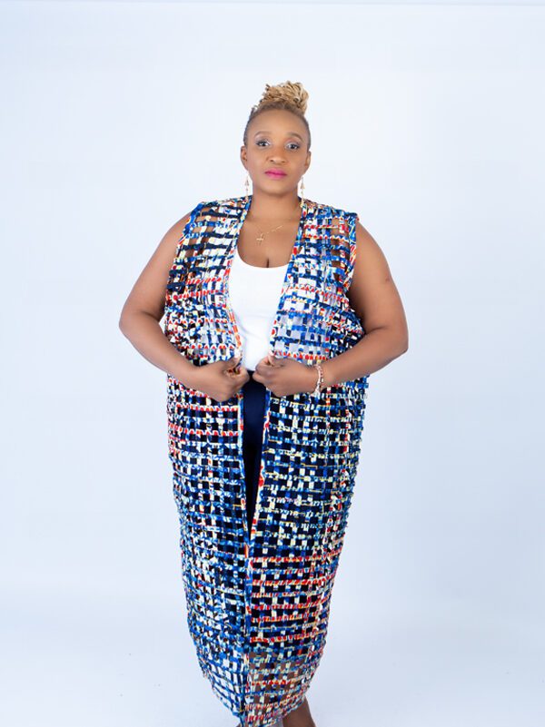 Blue Multi Ade Ankara Weaved Full Length Sleeveless Kimono