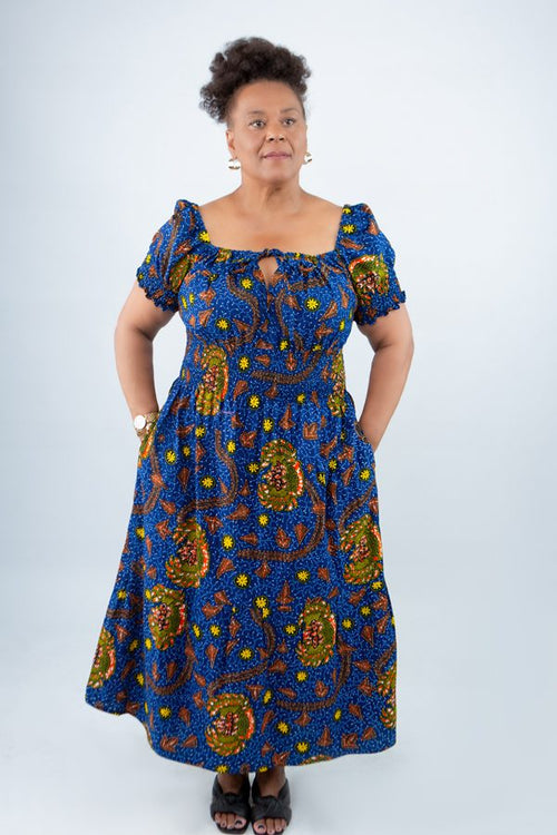 African Ankara Print Maxi Dress with Elasticated Waist - Sim