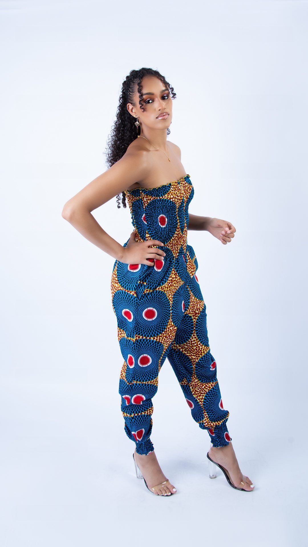 Vibrant Gathered Bandeau Blue Circular Ankara Jumpsuit