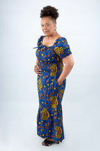 African Ankara Print Maxi Dress with Elasticated Waist - Sim