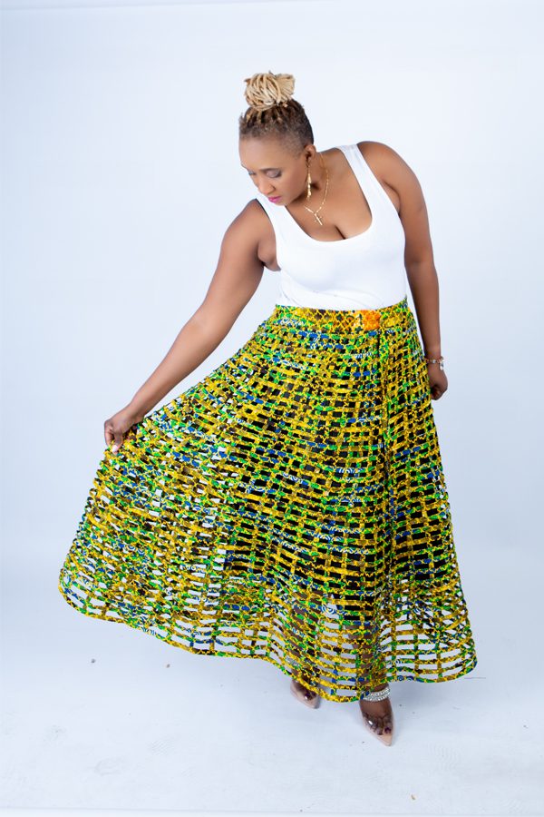 Mita Weaved Green Stylish African Mix Ankara Print Skirt