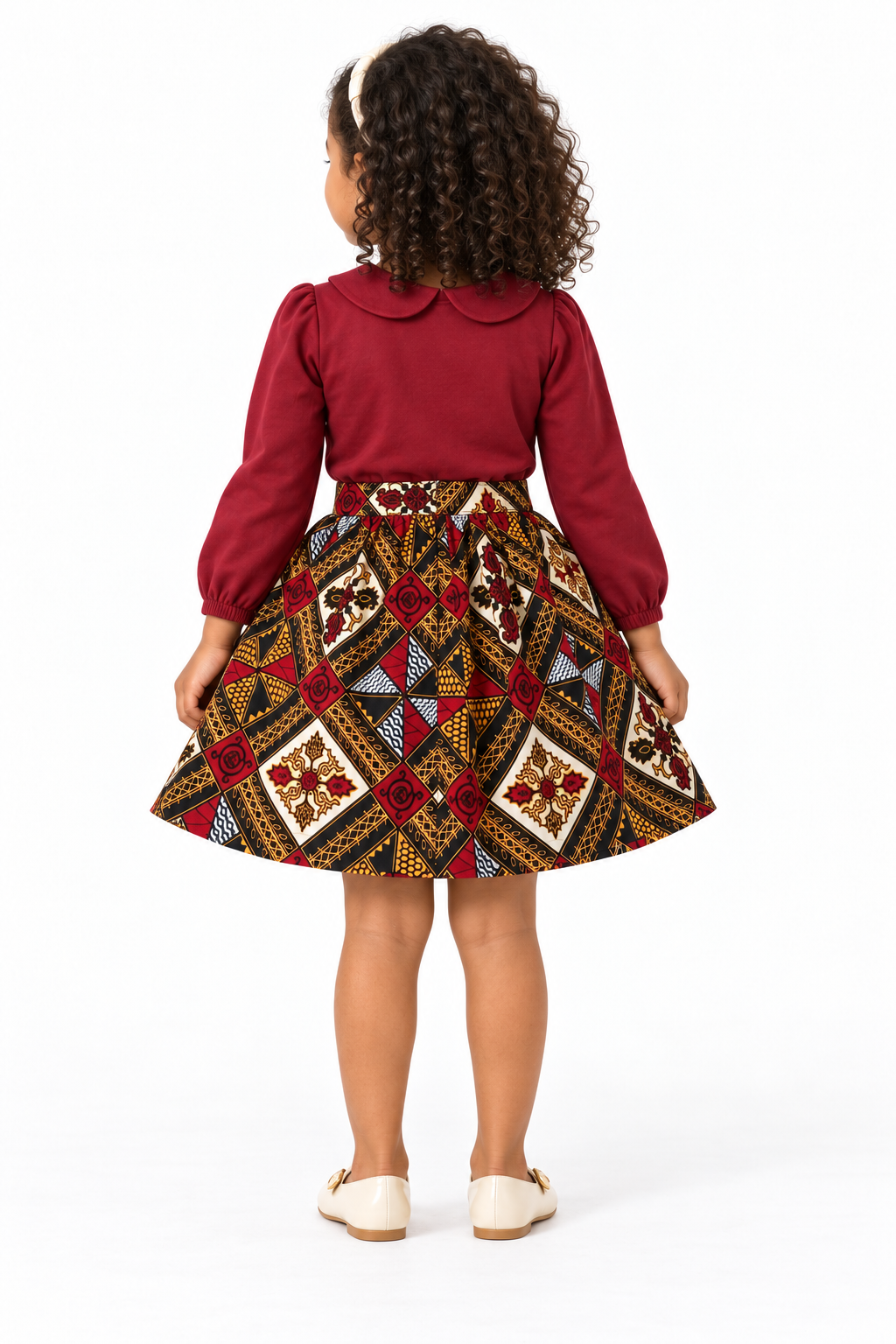 Girls African Print Ankara Flared Skirt – Red, Black & Gold