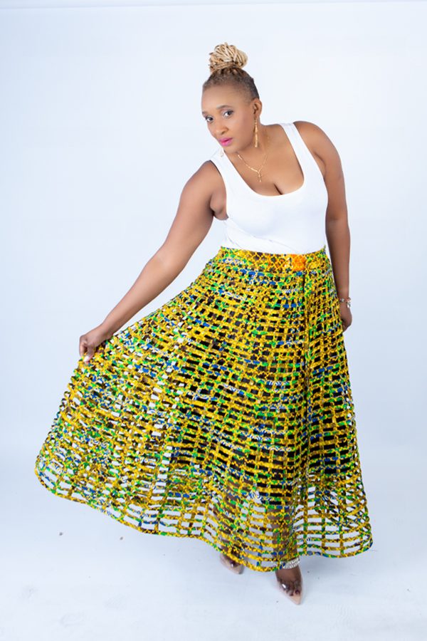 Mita Weaved Green Stylish African Mix Ankara Print Skirt
