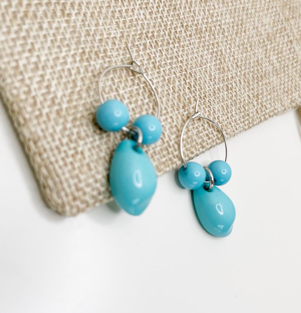 Bri Blue Cowrie Beads Dangle Drop Round Hoop Earrings