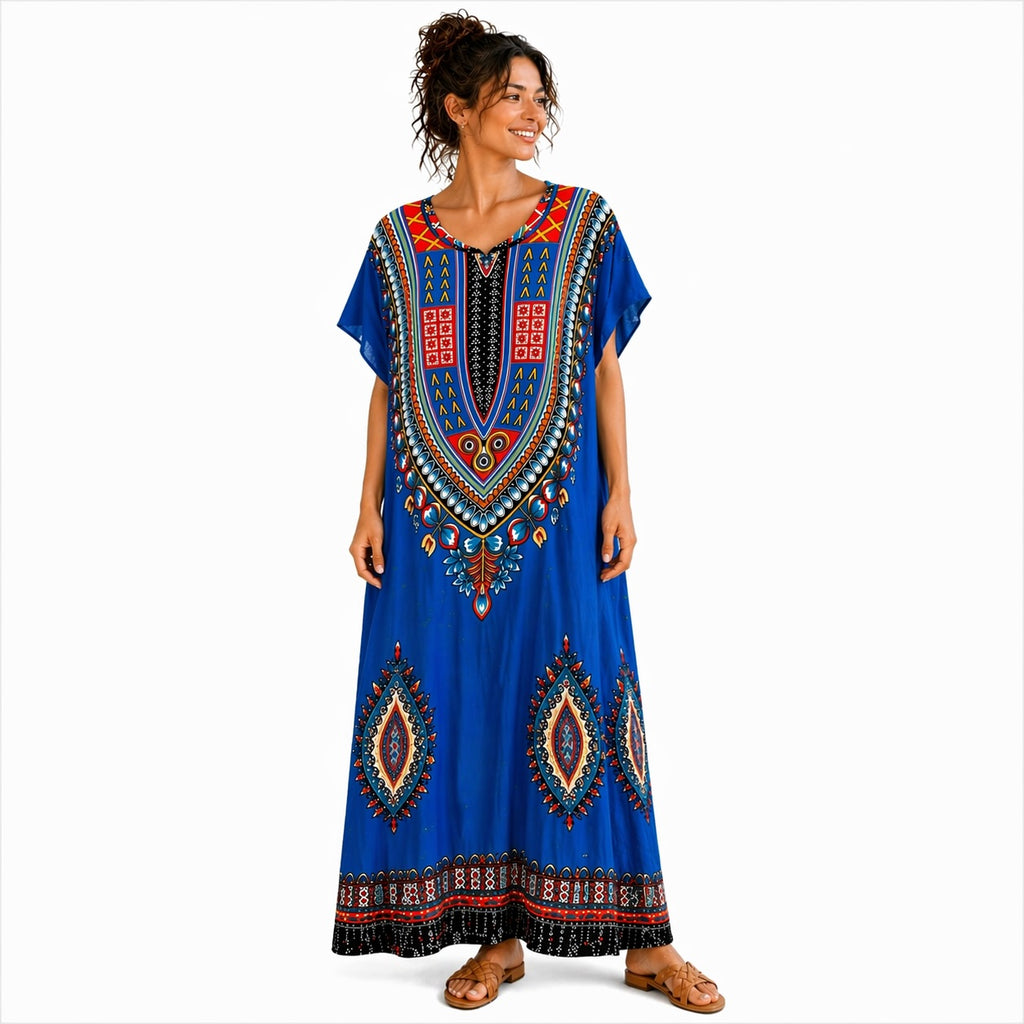 Women’s African Print Kaftan Maxi Dress, Free Size 10–16, Red Pink Blue
