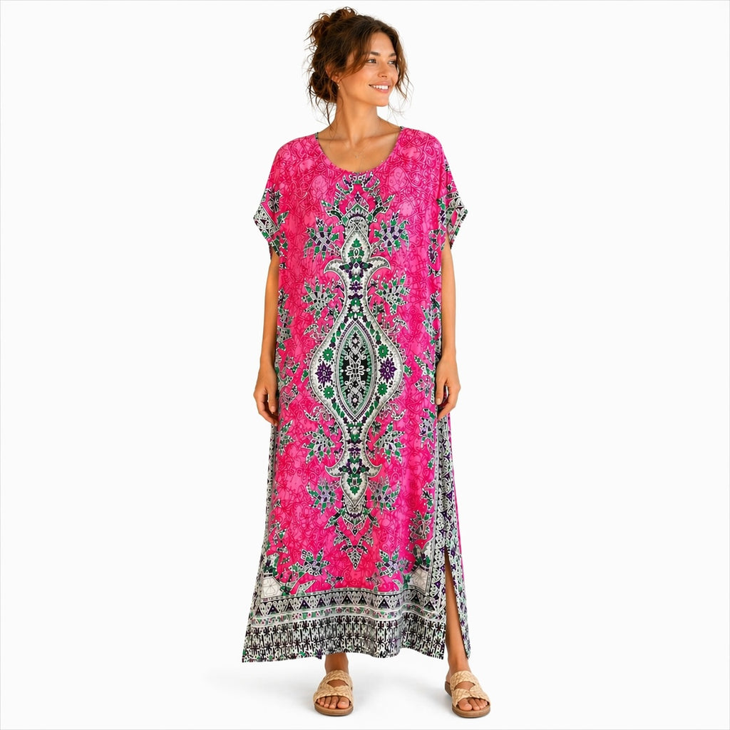 Women’s Paisley Print Kaftan Dress, Free Size 10-16, Loose Maxi Holiday Dress, Available in Turquoise, Orange and Pink