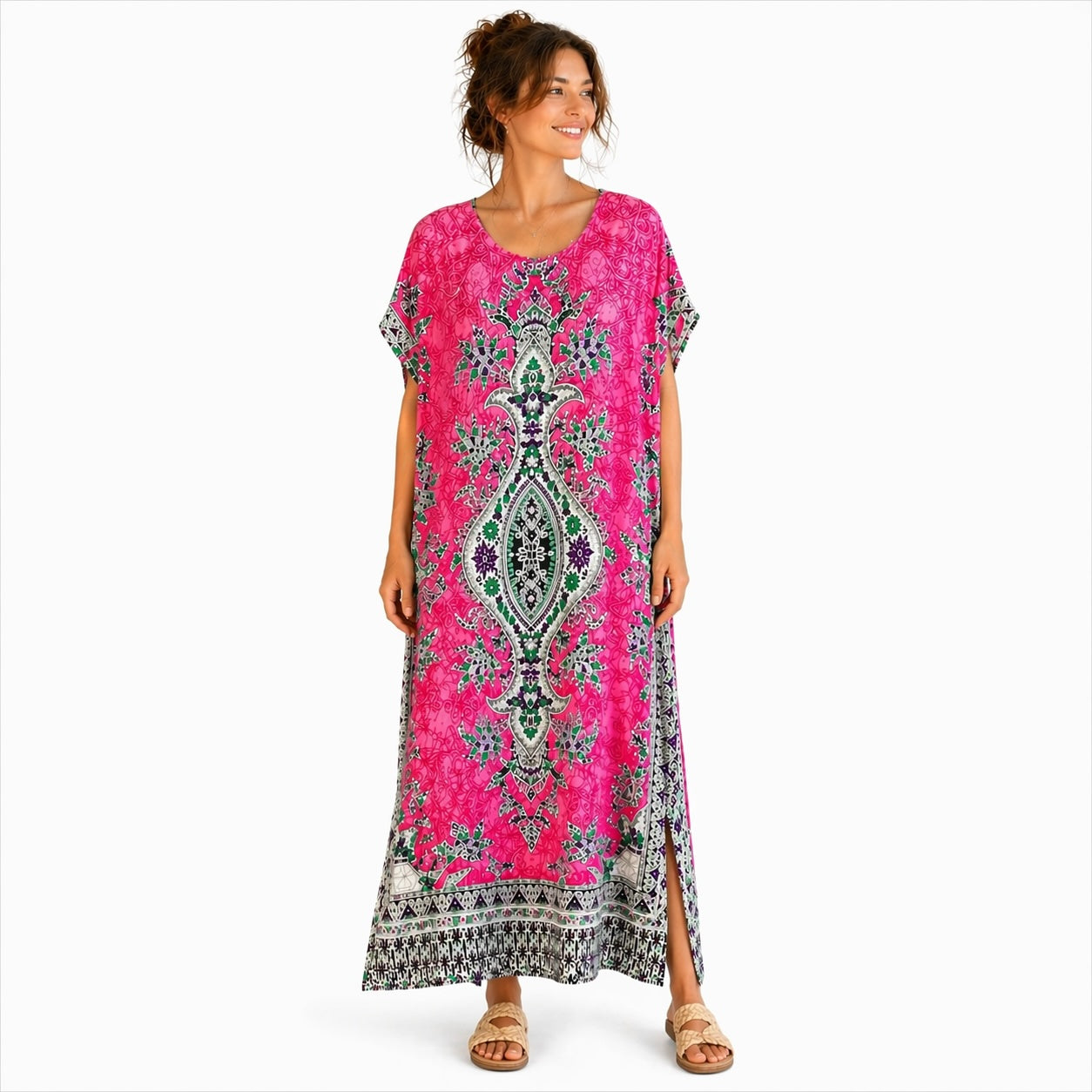 Women’s Paisley Print Kaftan Dress, Free Size 10-16, Loose Maxi Holiday Dress, Available in Turquoise, Orange and Pink