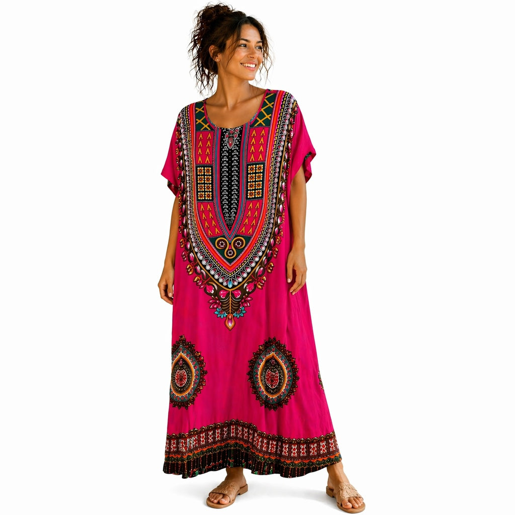 Women’s African Print Kaftan Maxi Dress, Free Size 10–16, Red Pink Blue