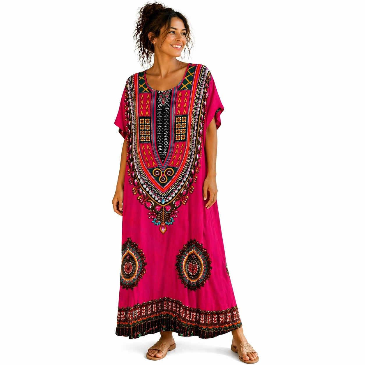 Women’s African Print Kaftan Maxi Dress, Free Size 10–16, Red Pink Blue