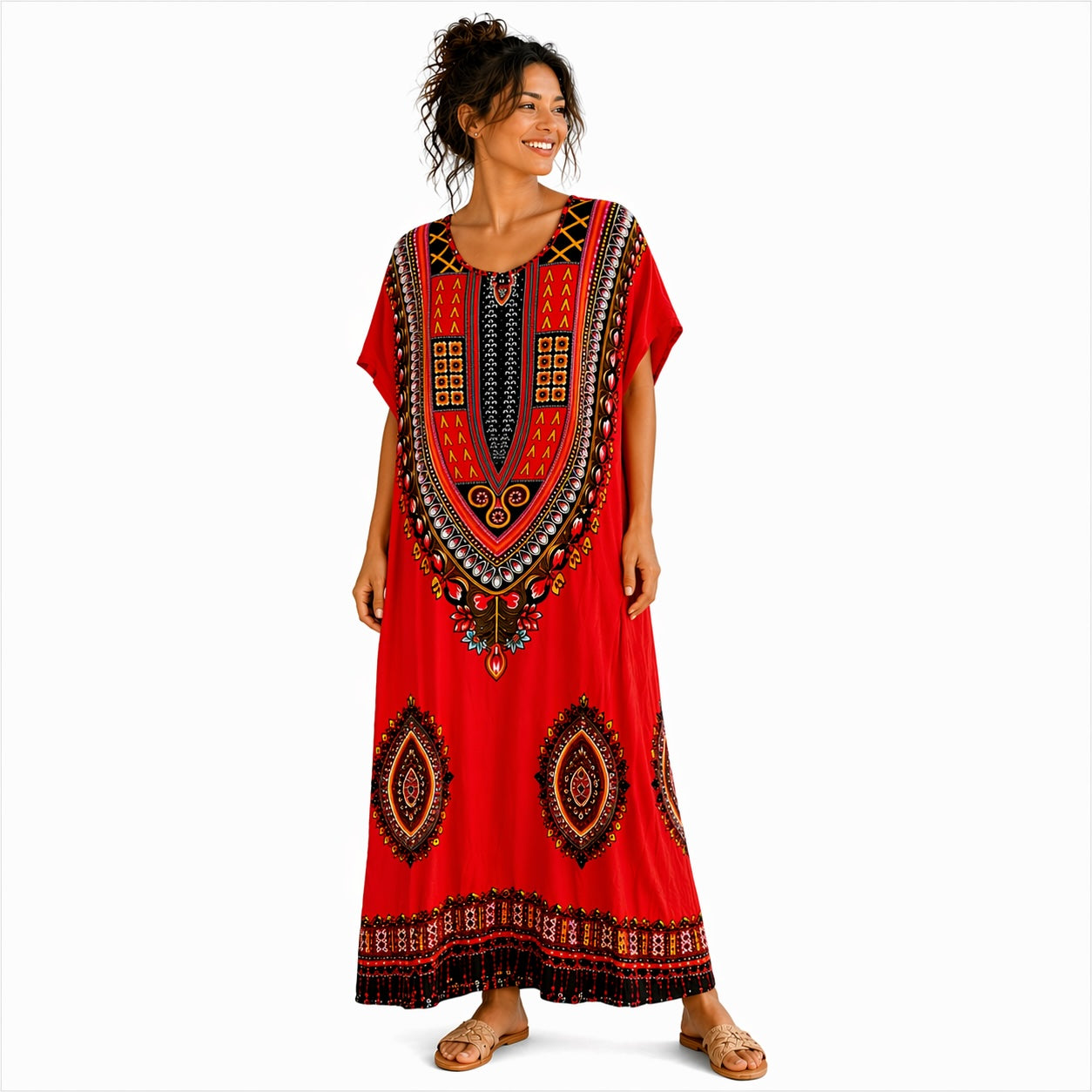 Women’s African Print Kaftan Maxi Dress, Free Size 10–16, Red Pink Blue