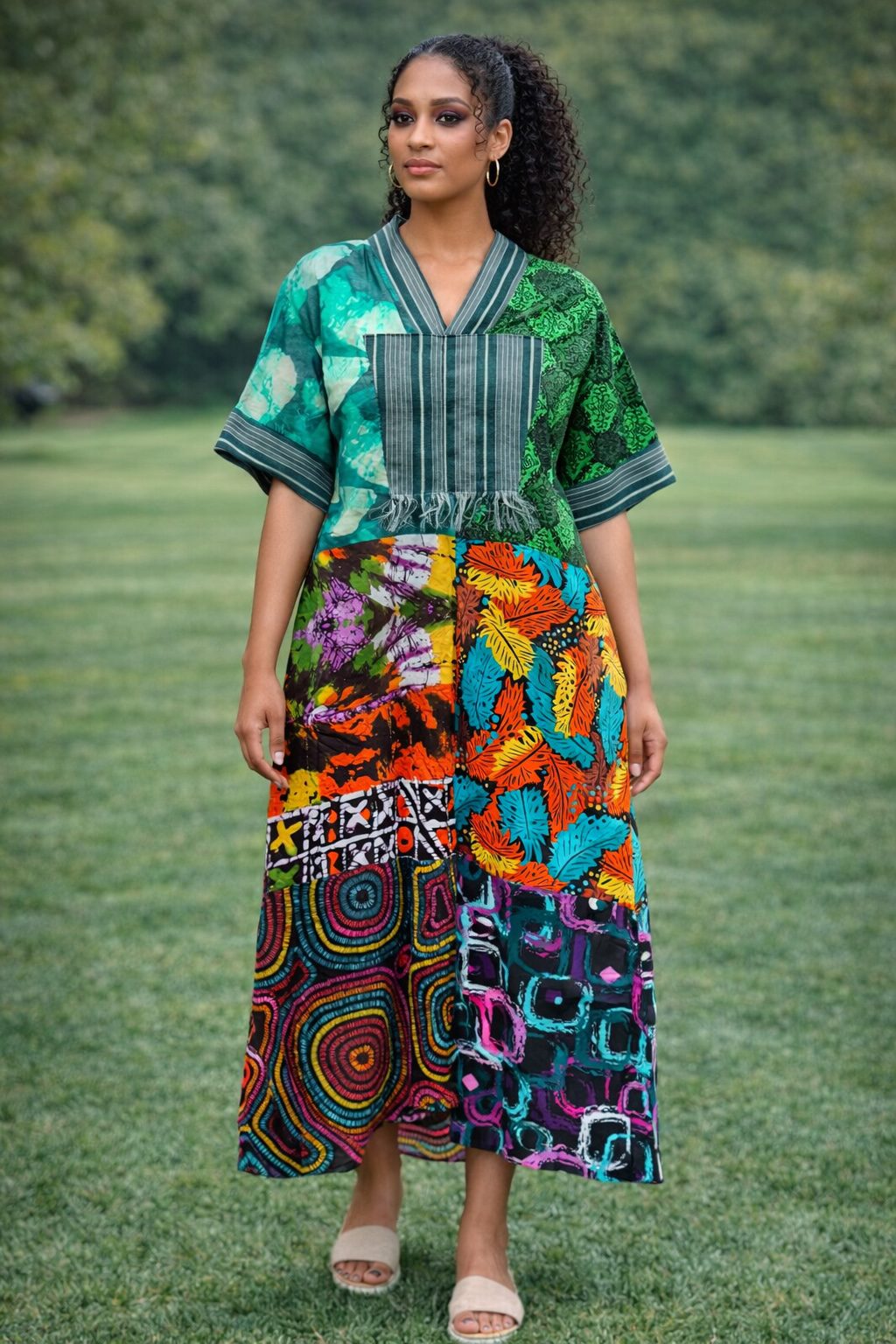 Colourful African Patchwork Midi Dress – Mixed Print Ankara Cultural Dress