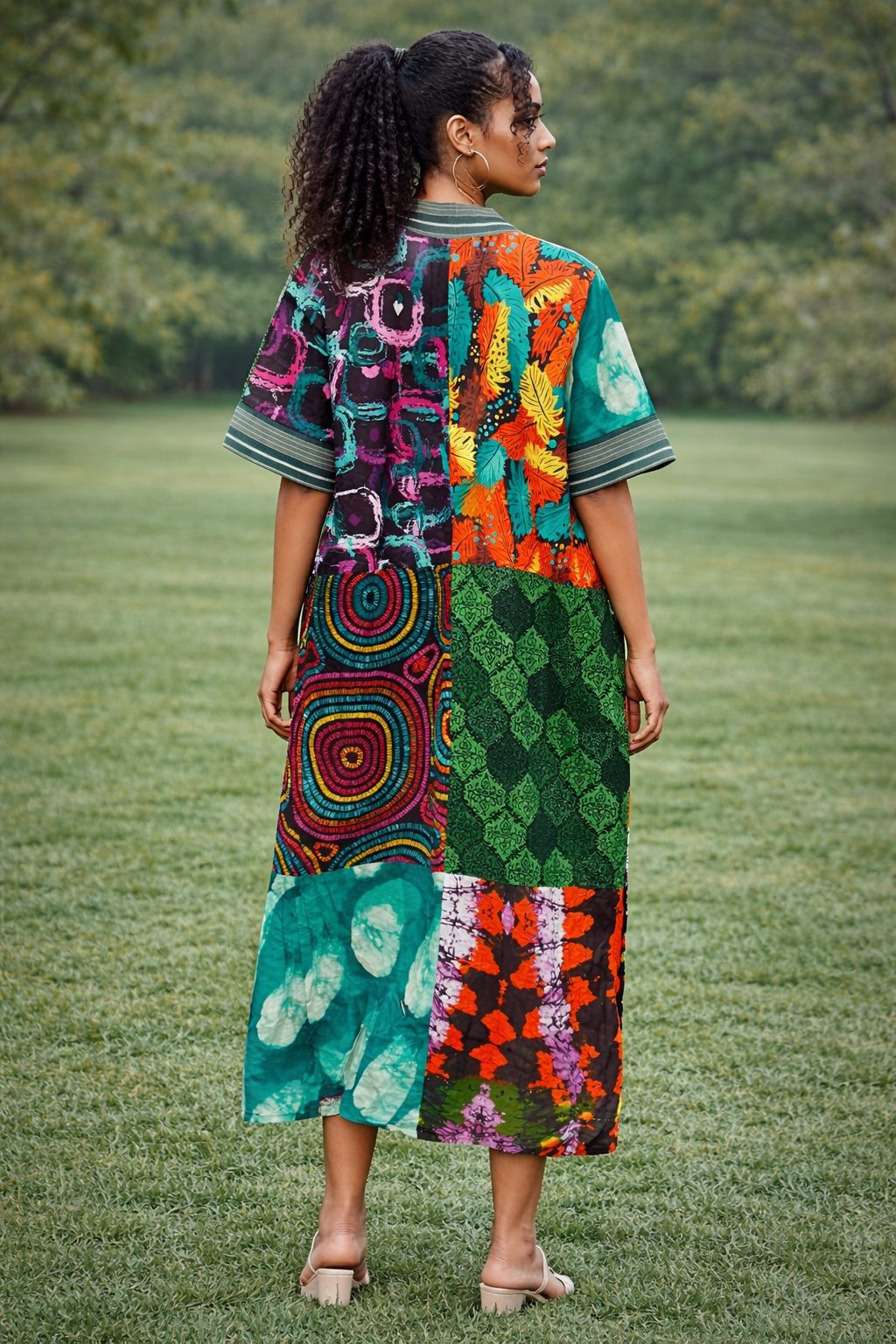 Colourful African Patchwork Midi Dress – Mixed Print Ankara Cultural Dress