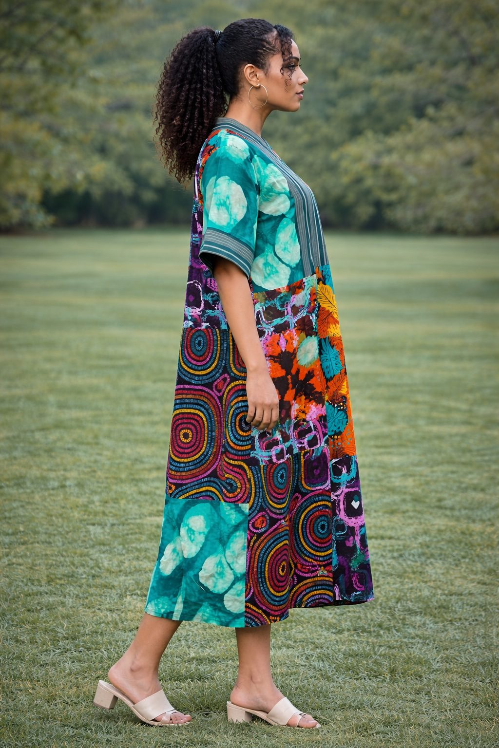 Colourful African Patchwork Midi Dress – Mixed Print Ankara Cultural Dress