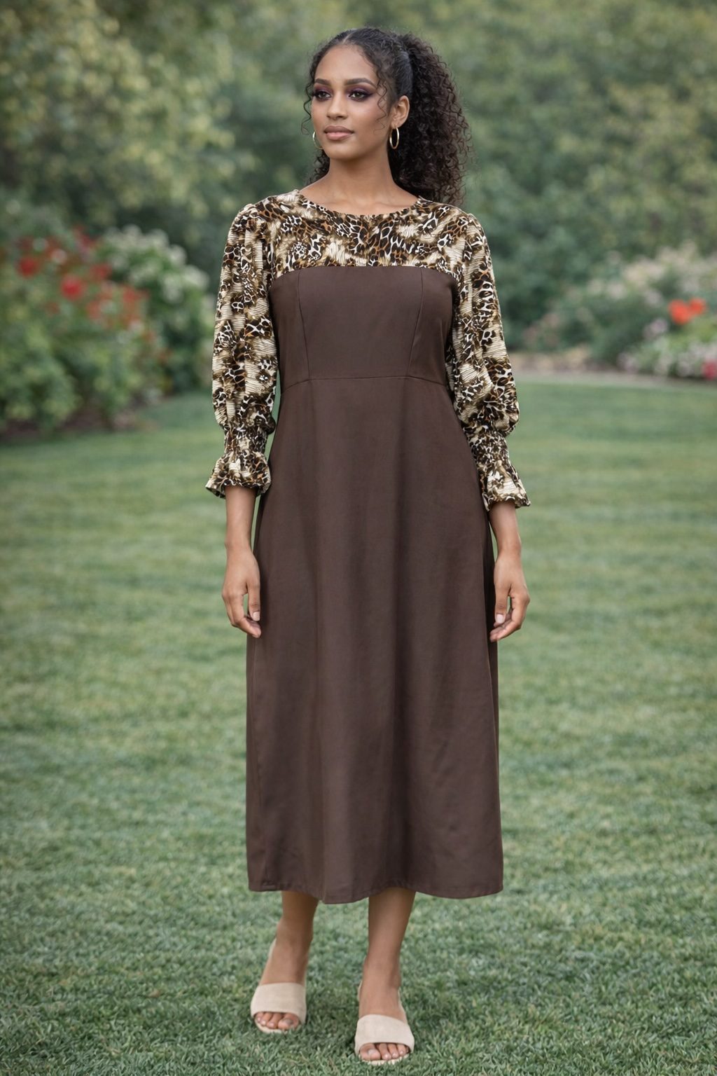 Elegant Brown Midi Dress with Animal Print Sleeves – Long Sleeve African-Inspired Dress