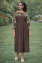 Elegant Brown Midi Dress with Animal Print Sleeves – Long Sleeve African-Inspired Dress