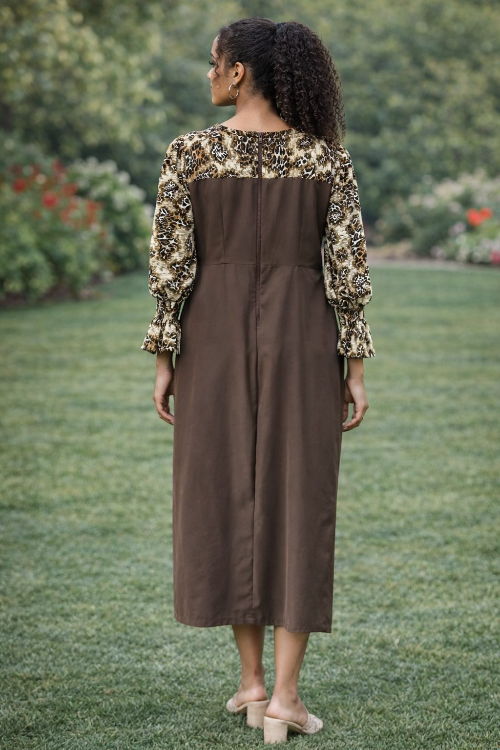Elegant Brown Midi Dress with Animal Print Sleeves – Long Sleeve African-Inspired Dress