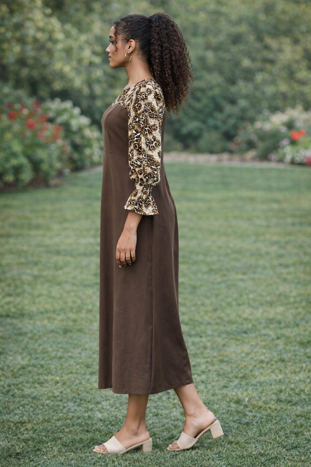 Elegant Brown Midi Dress with Animal Print Sleeves – Long Sleeve African-Inspired Dress