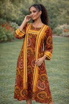 Elegant Brown Ankara Midi Dress with Decorative Striped Panel – African Print Long Sleeve Dress