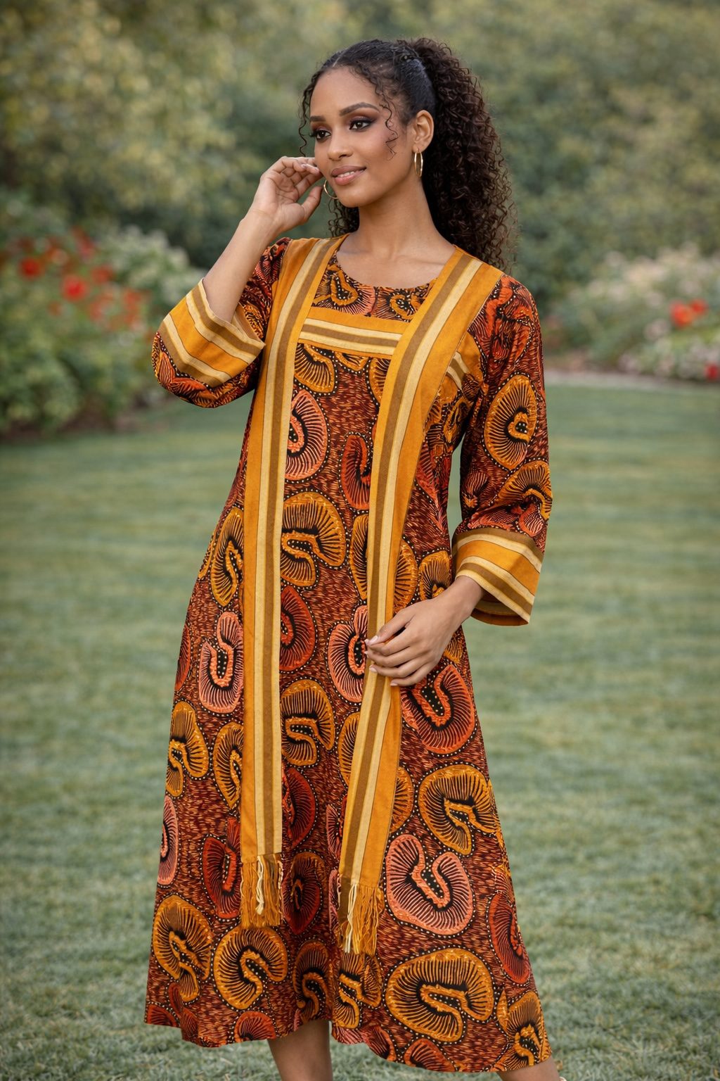 Elegant Brown Ankara Midi Dress with Decorative Striped Panel – African Print Long Sleeve Dress