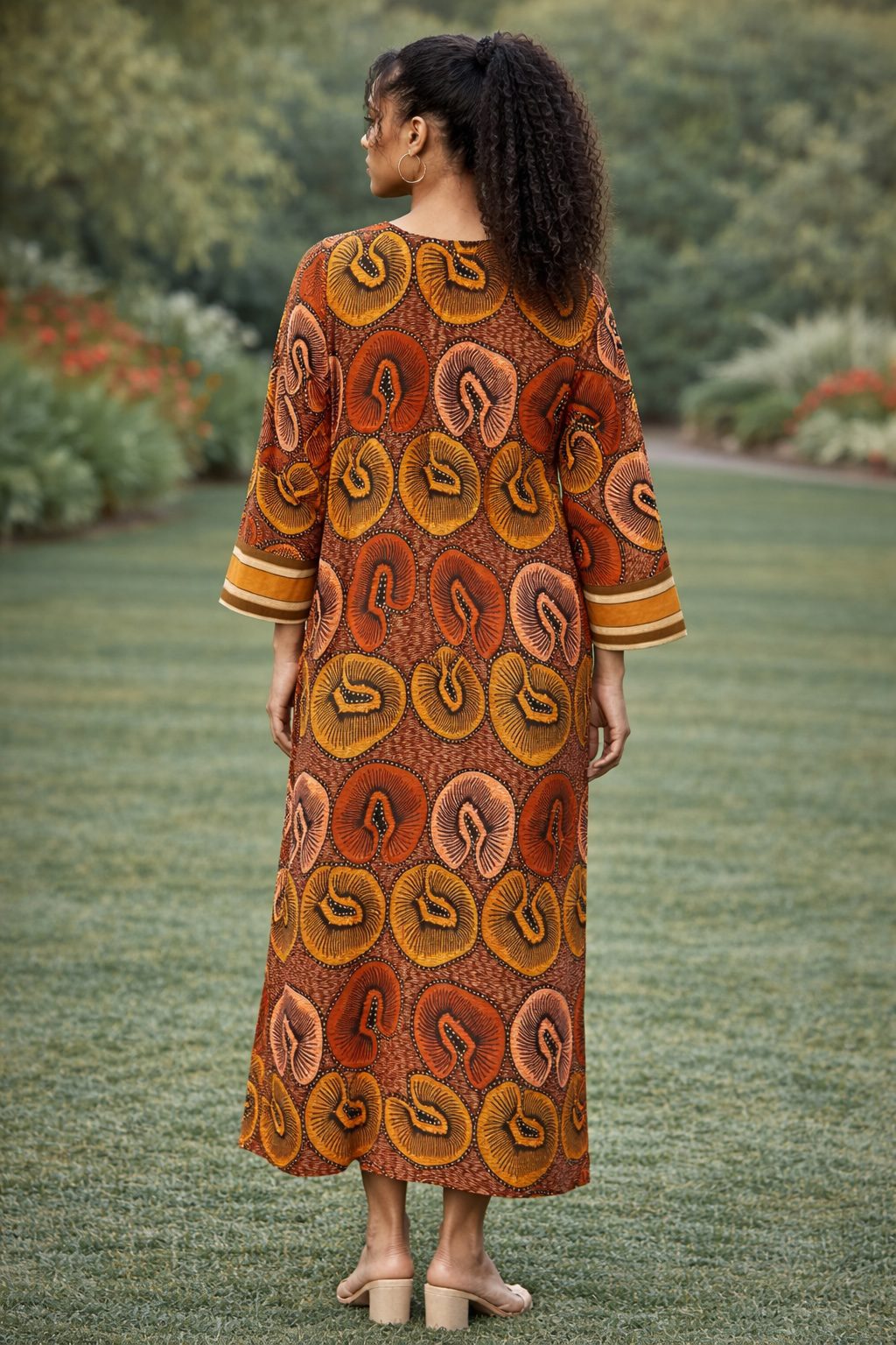 Elegant Brown Ankara Midi Dress with Decorative Striped Panel – African Print Long Sleeve Dress