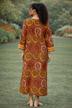 Elegant Brown Ankara Midi Dress with Decorative Striped Panel – African Print Long Sleeve Dress