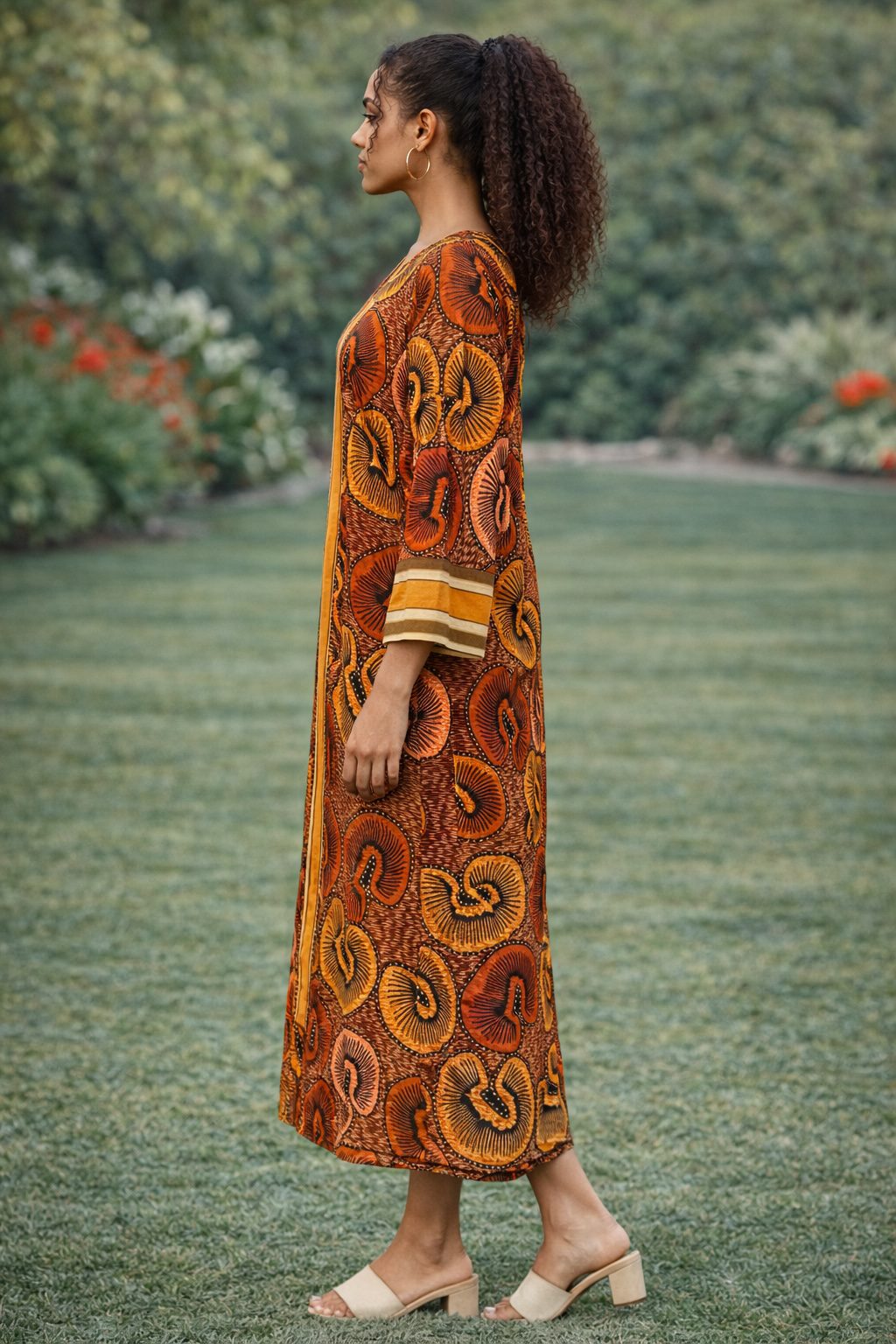 Elegant Brown Ankara Midi Dress with Decorative Striped Panel – African Print Long Sleeve Dress