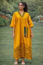 Mustard Yellow African Kaftan Dress with Striped Detail – Elegant Loose Fit Cultural Maxi Dress