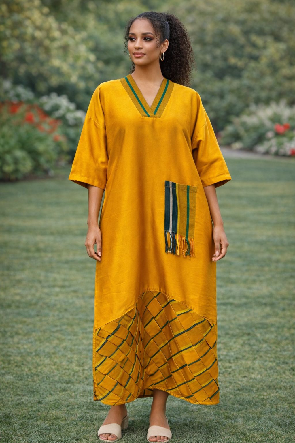 Mustard Yellow African Kaftan Dress with Striped Detail – Elegant Loose Fit Cultural Maxi Dress