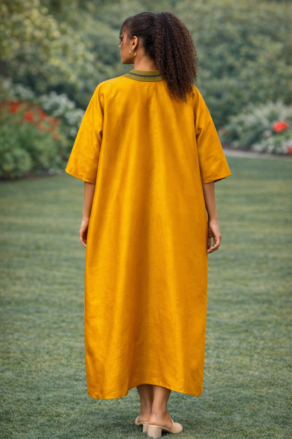 Mustard Yellow African Kaftan Dress with Striped Detail – Elegant Loose Fit Cultural Maxi Dress