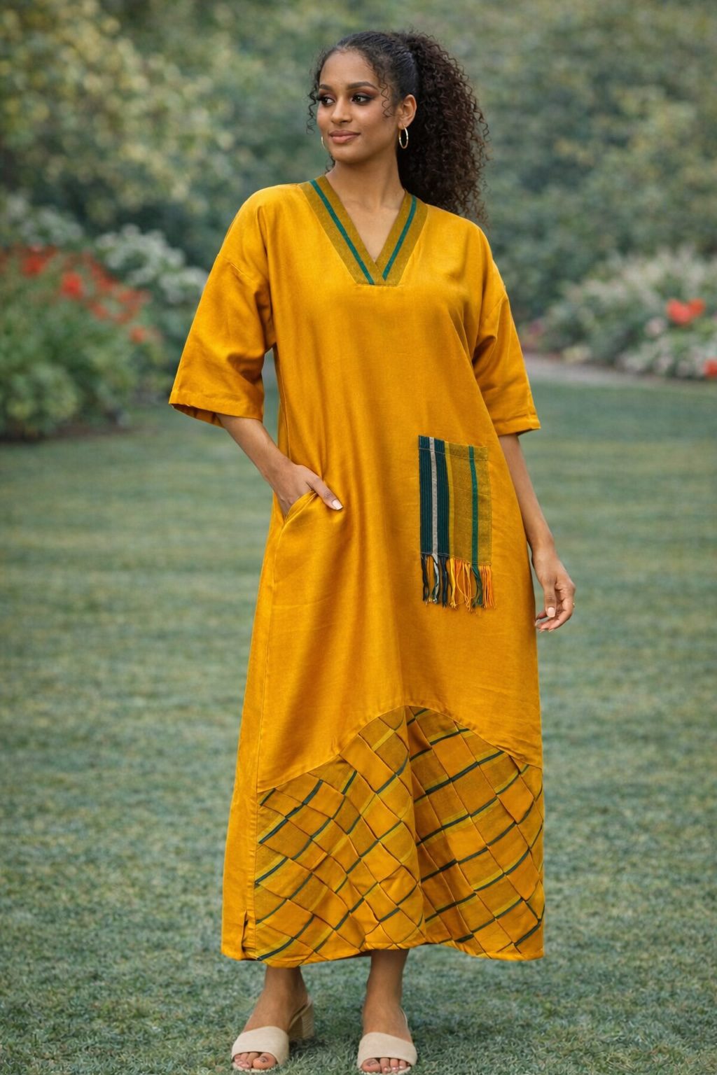 Mustard Yellow African Kaftan Dress with Striped Detail – Elegant Loose Fit Cultural Maxi Dress