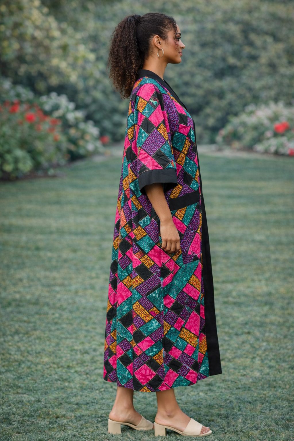 Colourful African Patchwork Kimono Jacket – Long Ankara Open Front Coat with Pockets