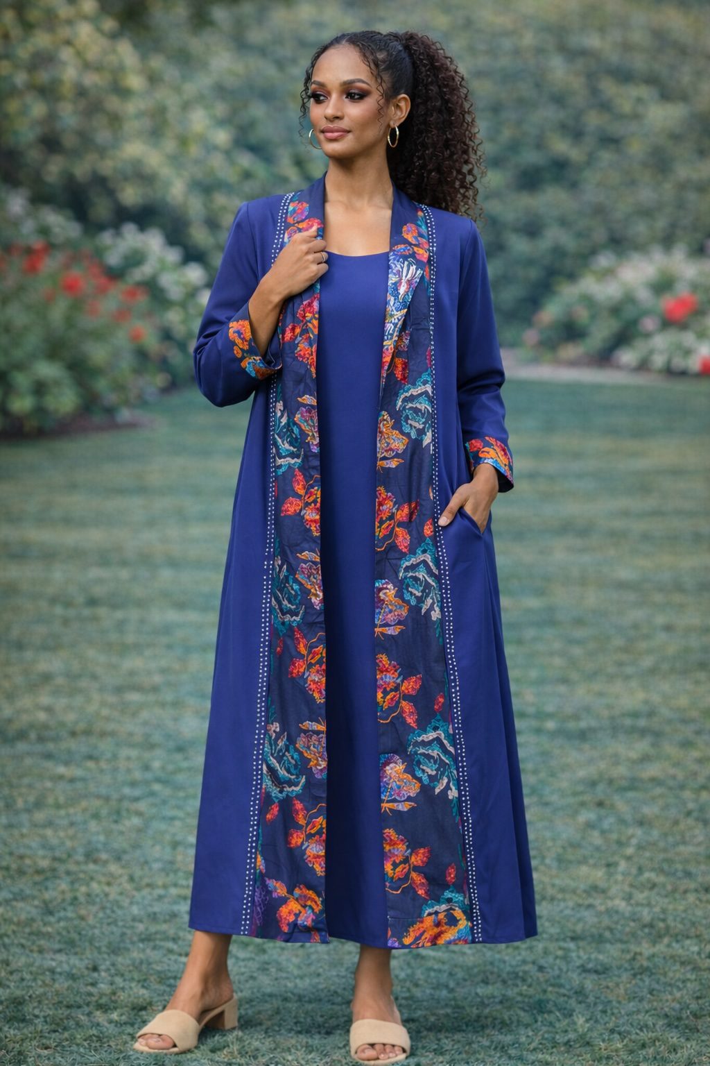 Elegant Blue Long Dress and Jacket Set – African-Inspired Two Piece Maxi Outfit