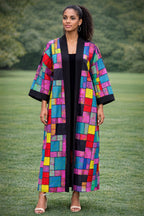 Colourful African Patchwork Long Kimono Jacket – Ankara Open Front Statement Coat