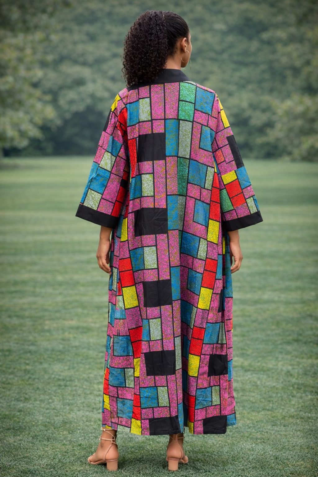 Colourful African Patchwork Long Kimono Jacket – Ankara Open Front Statement Coat