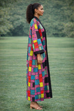 Colourful African Patchwork Long Kimono Jacket – Ankara Open Front Statement Coat
