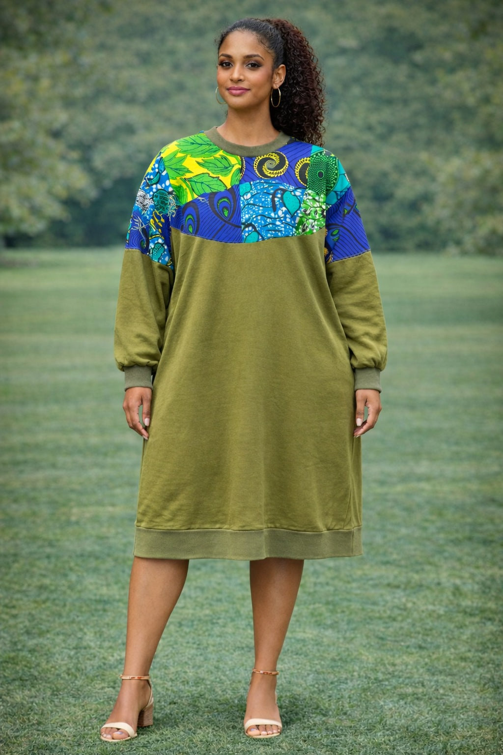 Olive Green African Print Sweatshirt Dress – Casual Ankara Patchwork Midi Dress