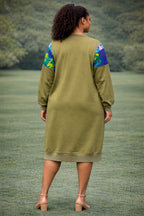 Olive Green African Print Sweatshirt Dress – Casual Ankara Patchwork Midi Dress
