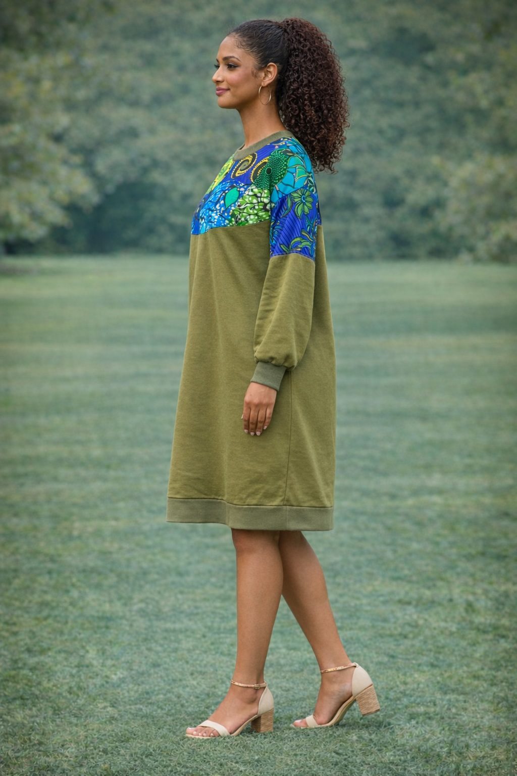 Olive Green African Print Sweatshirt Dress – Casual Ankara Patchwork Midi Dress