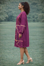 Magenta Casual Sweatshirt Dress with Geometric Trim – Modern Long Sleeve Midi Dress