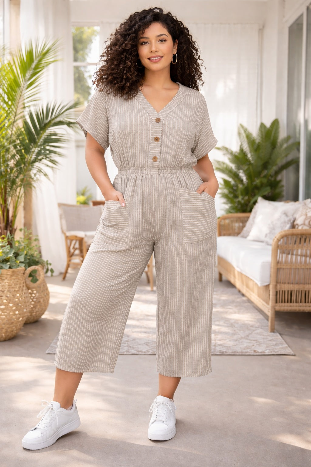 Women’s Striped Cotton Wide-Leg Button Detail Jumpsuit