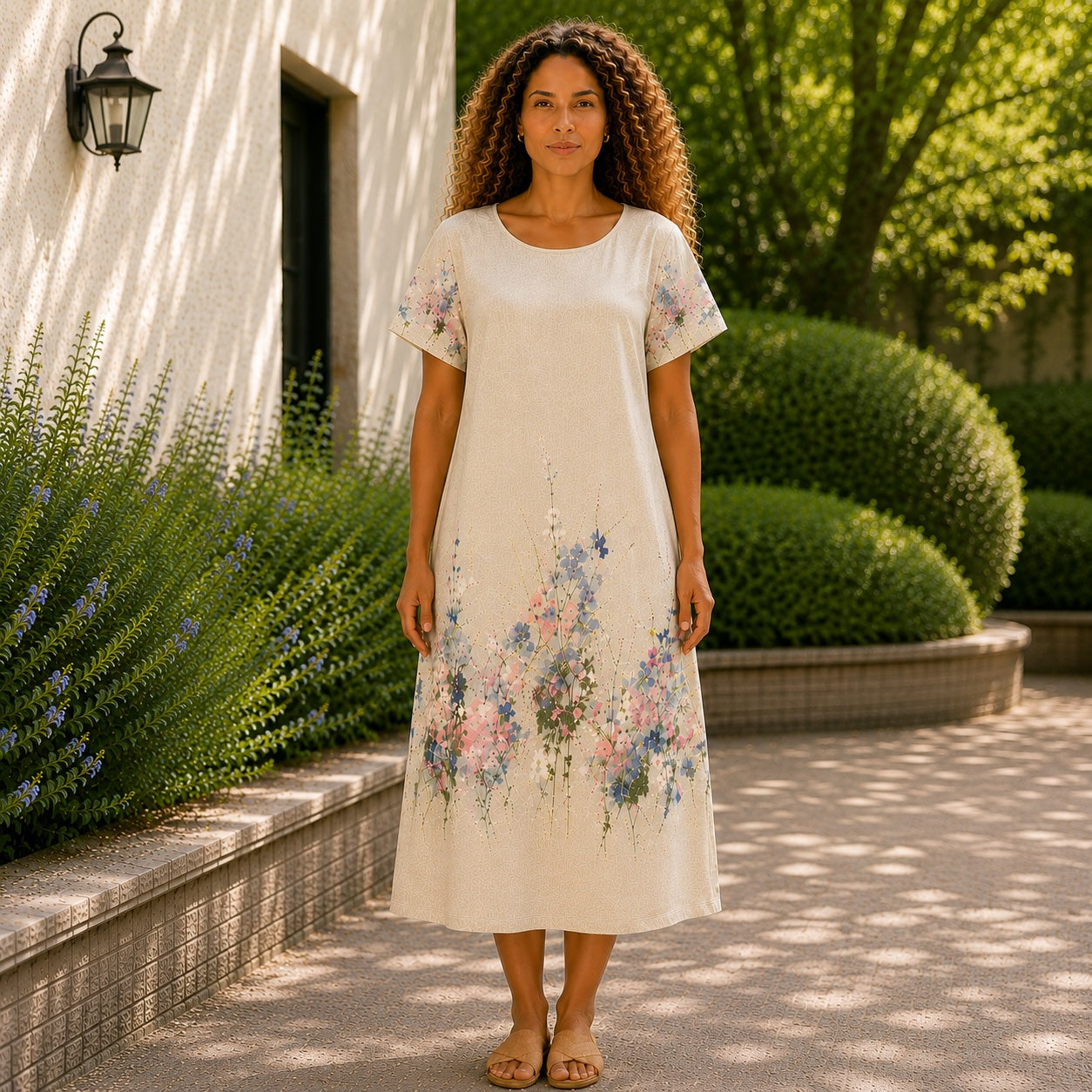 Women’s Floral Print Linen Tunic Short Sleeve Dress – Free Size