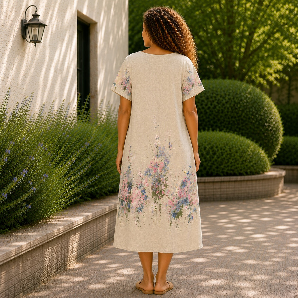 Women’s Floral Print Linen Tunic Short Sleeve Dress – Free Size