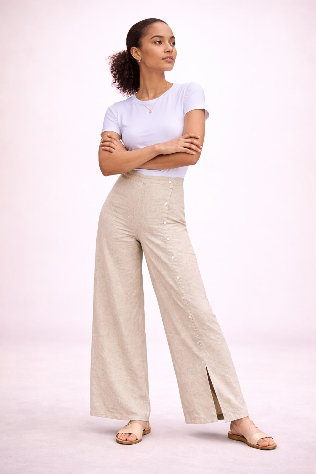 Women’s Button Detail Wide Leg Linen Blend Trousers
