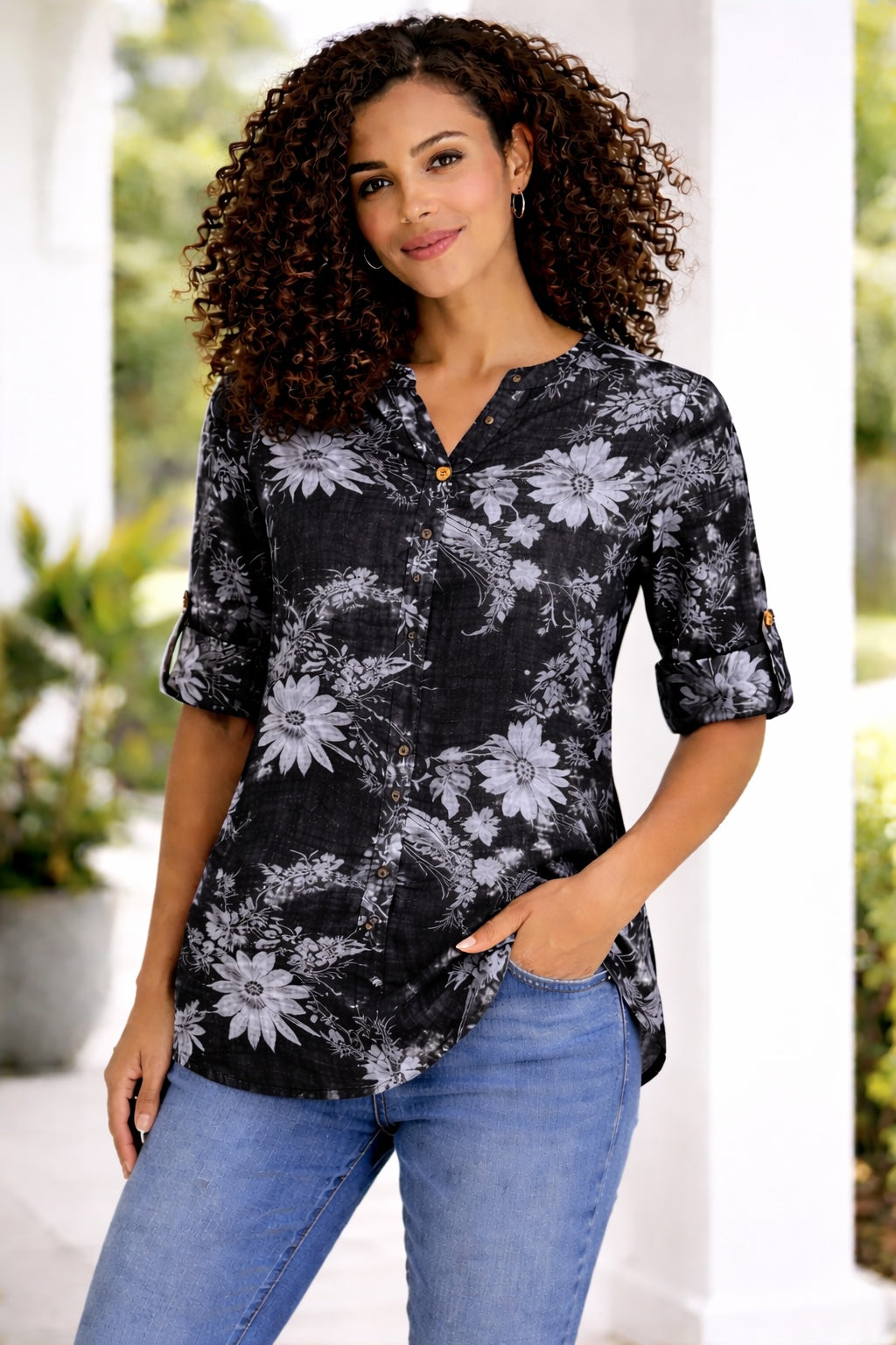 Women’s Floral One Button Cotton Shirt Blouse