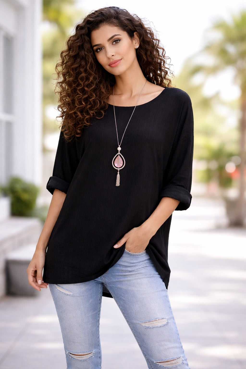 Women’s Cotton Necklace Top – Loose Fit Casual Tunic Blouse