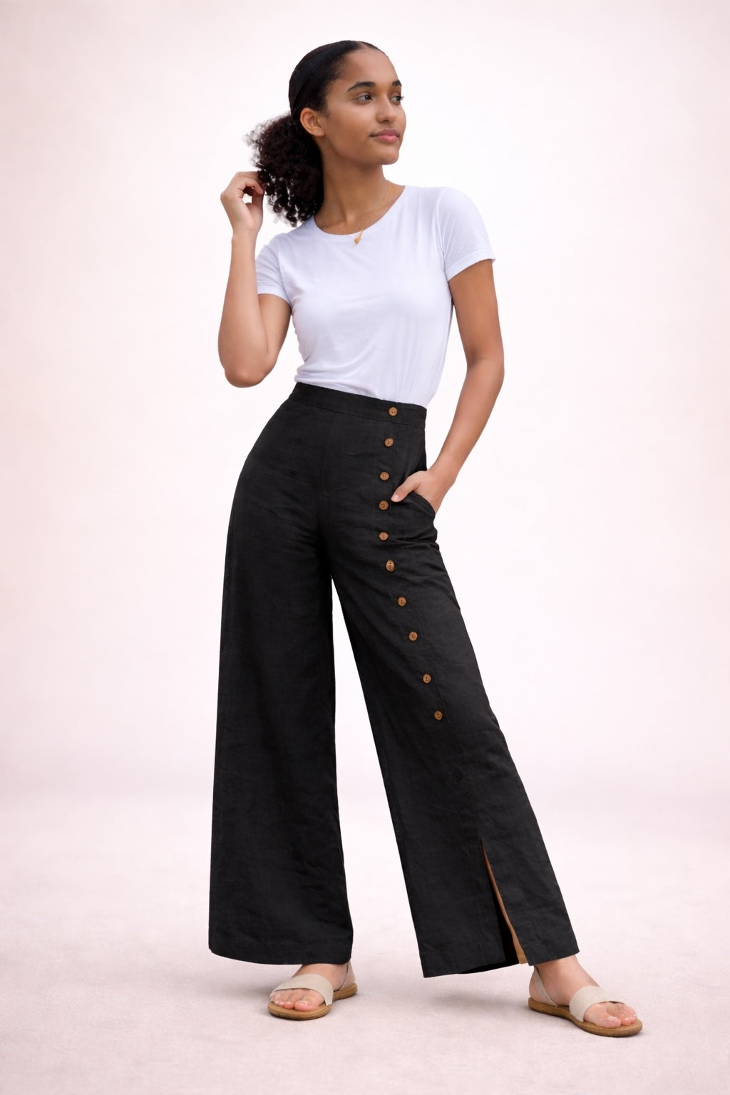 Women’s Button Detail Wide Leg Linen Blend Trousers