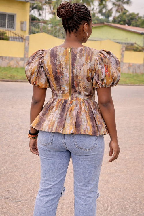 African Print Peplum Blouse with Puff Sleeves