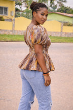 African Print Peplum Blouse with Puff Sleeves