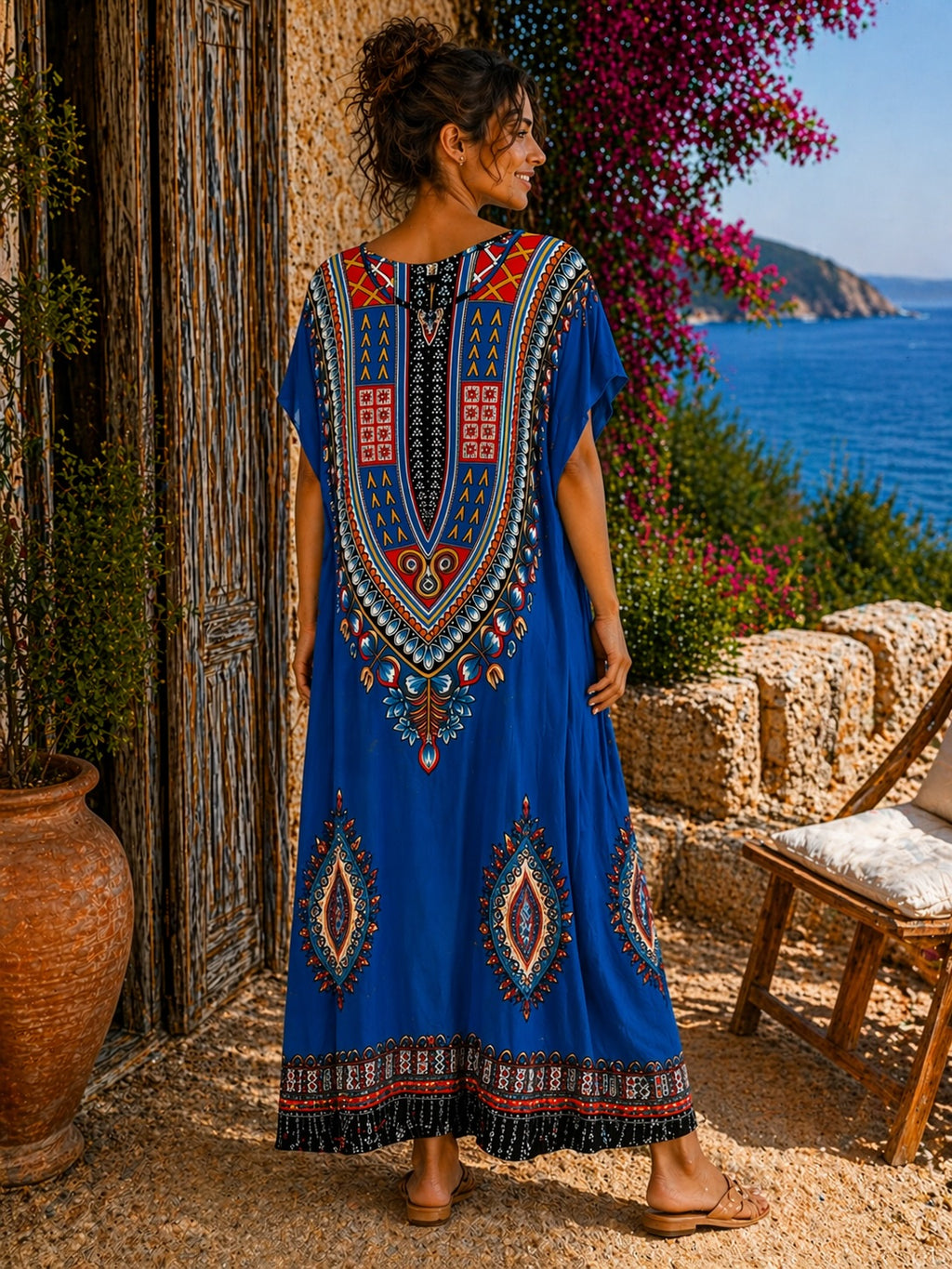 Women’s African Print Kaftan Maxi Dress, Free Size 10–16, Red Pink Blue