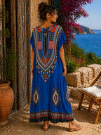 Women’s African Print Kaftan Maxi Dress, Free Size 10–16, Red Pink Blue